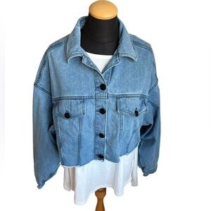 Fit Jeans Classic Blue Cropped Denim Jacket Long Sleeve Size M Cotton